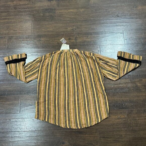Free People Castaway Striped Button Front Long Sleeve Crochet Trim Boho Top Sz M - Picture 9 of 15
